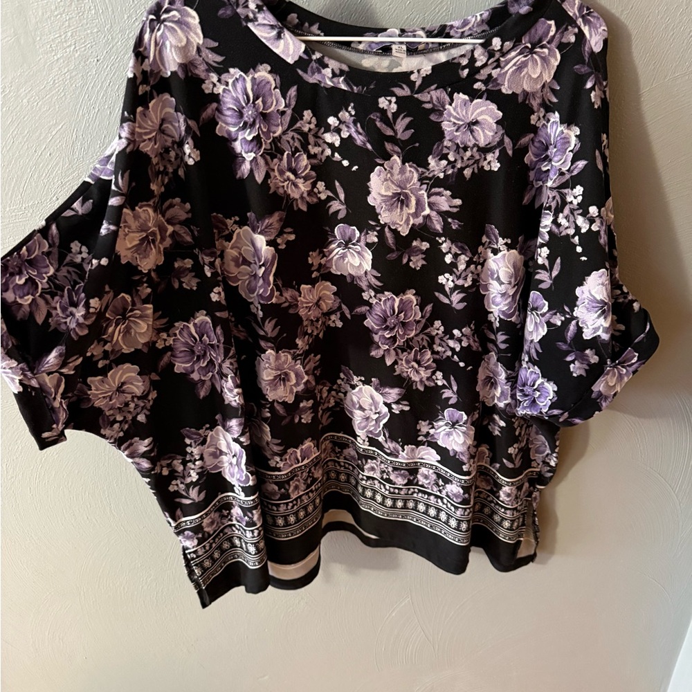 White Birch Black and Purple Floral Blouse Size XL